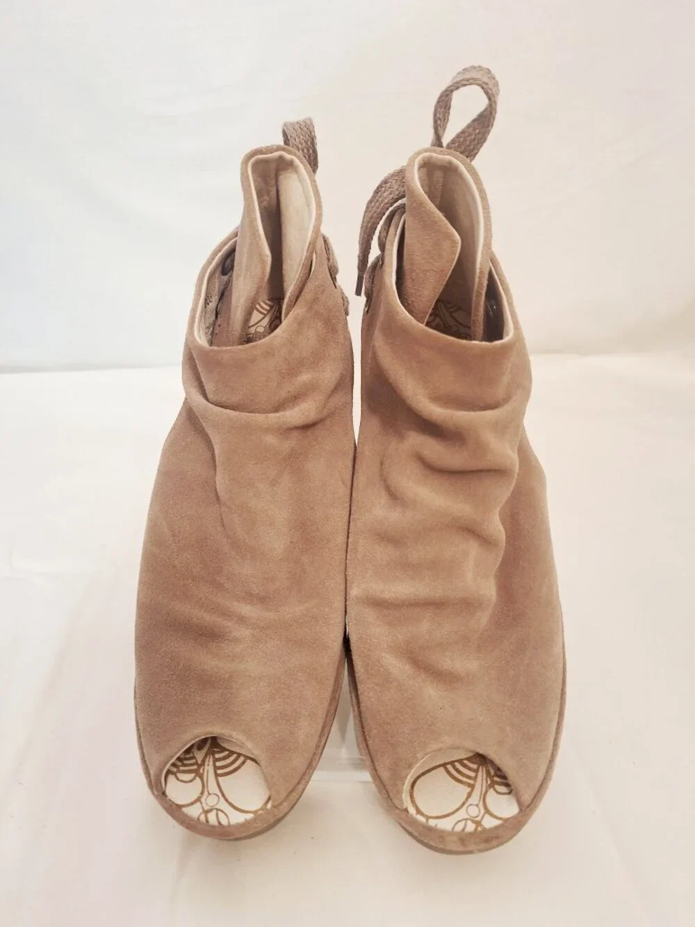 Fly London Yema/Yama Wedge Ankle Boot 38/ 7-7.5 Peep Toe Suede Shoe Taupe